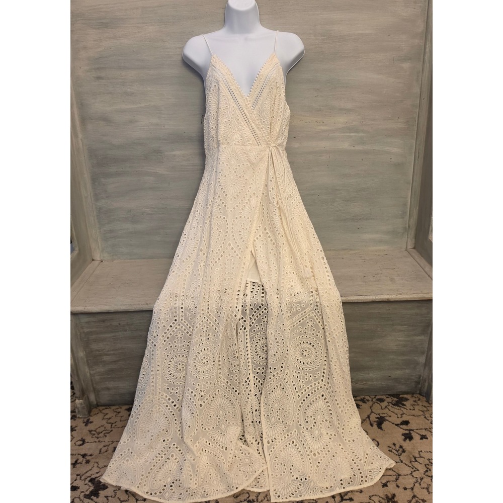 TJD Ivory "Santa Fe" Crochet Eyelet Lace Overlay Wrap Maxi Dress Medium NWT